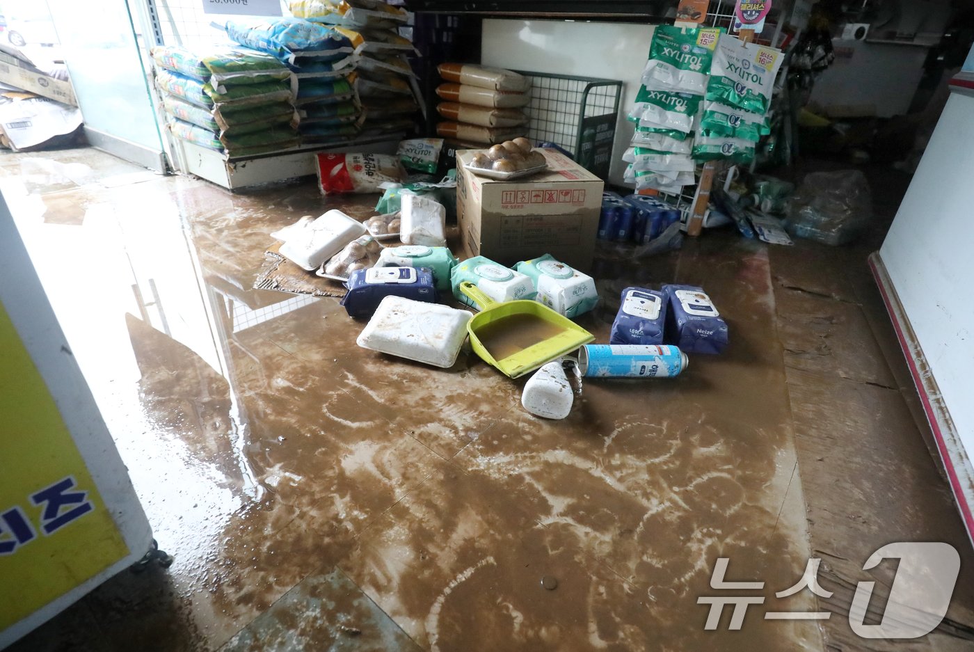 본문 이미지 - 국지성 호우로 인한 피해가 이어지고 있는 10일 전북자치도 완주군 운주면 한 마트 바닥이 진흙으로 뒤덮여 있다. 2024.7.10/뉴스1 ⓒ News1 유경석 기자