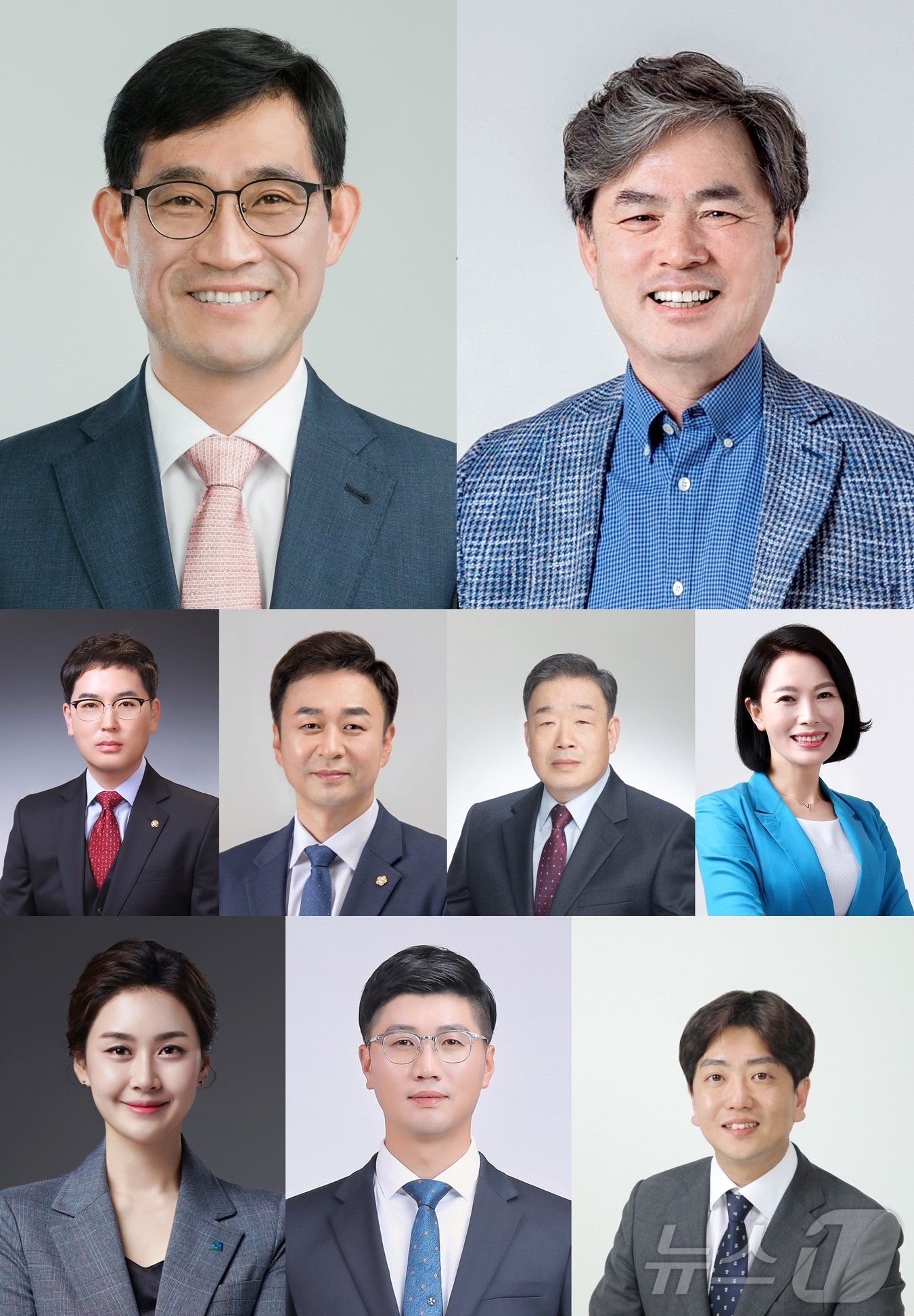 본문 이미지 - 민선 8기 후반기 원주시의회 의장단. 사진 맨 위 왼쪽부터 △조용기 의장 △곽문근 부의장. 가운데 왼쪽부터는 △조용석 의회운영위원장 △문정환 행정복지위원장 △김학배 산업경제위원장 △안정민 문화도시위원장. 아래 왼쪽부터는 △권아름 의회운영위 부위원장 △김혁성 행정복지위 부위원장 △손준기 문화도시위 부위원장.