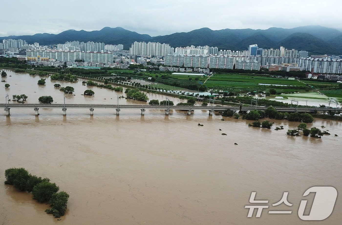 본문 이미지 - 집중호우가 쏟아진 10일 물이 불어난 대구 동구 금호강 주변이 흙탕물로 변해 있다. 이날 금호강 일부 구간이 범람해 금강동 일부 주택이 침수되고, 주민이 고립되기도 했다. 2024.7.10/뉴스1 ⓒ News1 공정식 기자