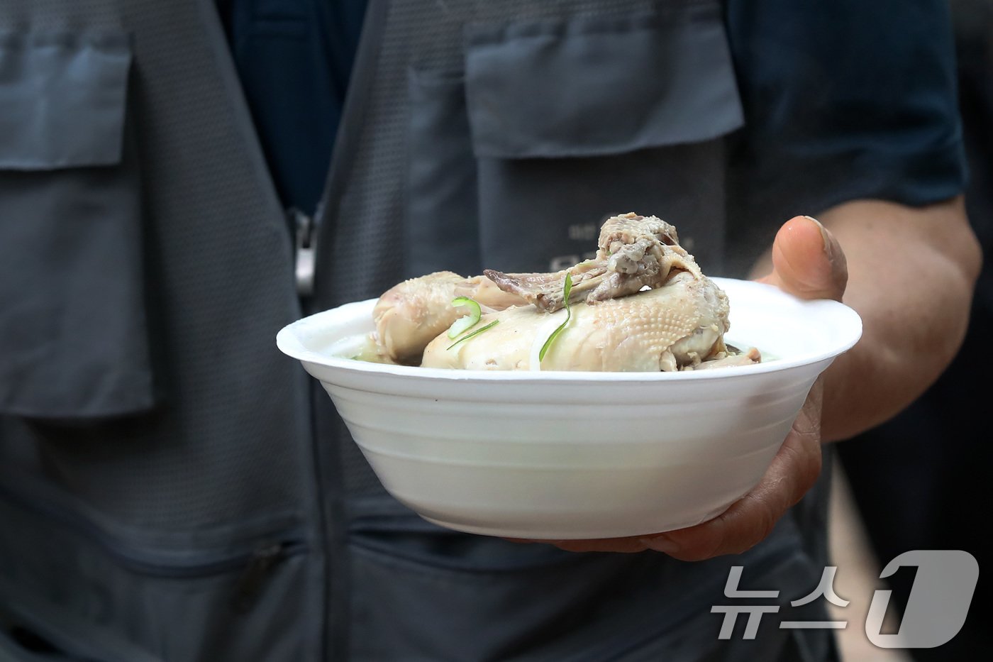 본문 이미지 - 삼복더위의 시작을 알리는 초복을 나흘 앞둔 11일 대구 달서구 두류공원 사랑해밥차 무료급식소에서 점심으로 삼계탕을 받은 시민이 자리를 찾고 있다.  2024.7.11/뉴스1 ⓒ News1 공정식 기자