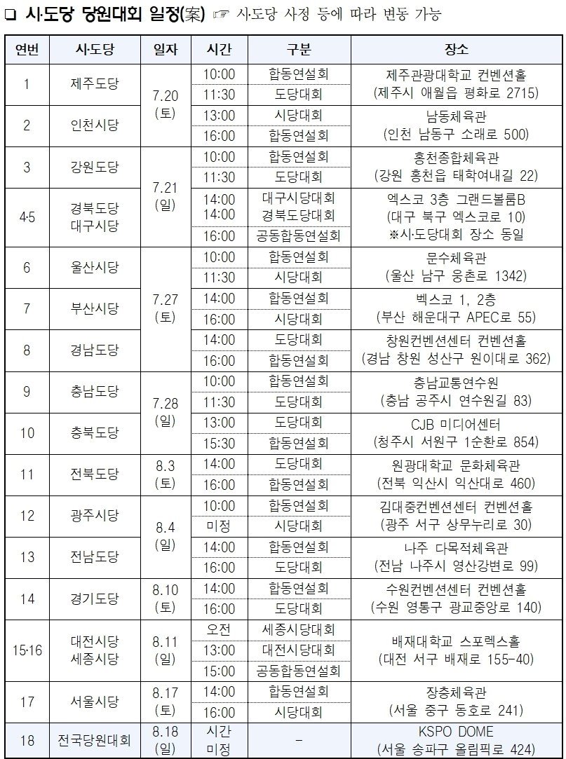 2024년 더불어민주당 전국 시도당 당원대회 일정 &#40;더불어민주당&#41;