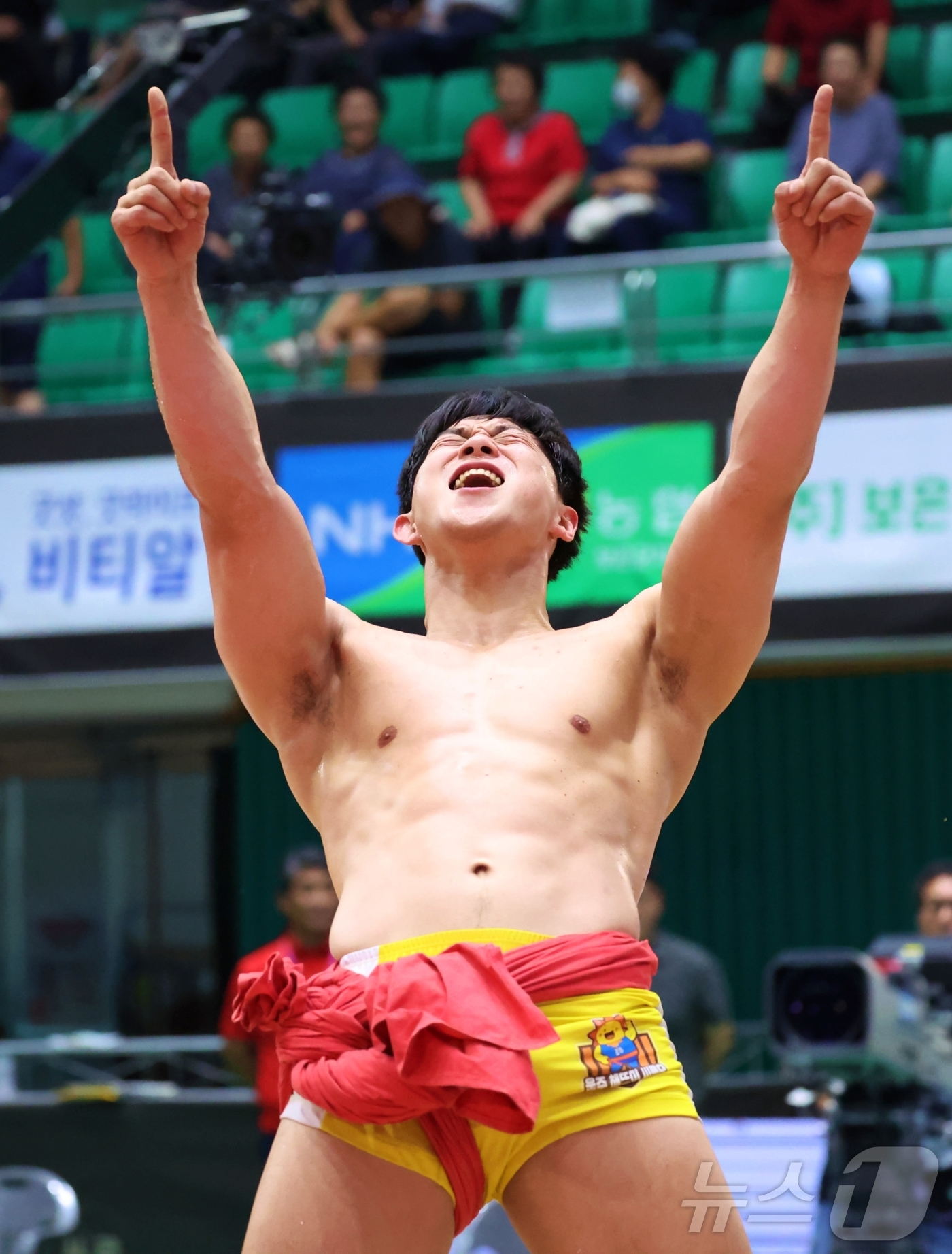 (서울=뉴스1) = 11일 충청북도 보은군 보은국민체육센터에서 열린 ‘위더스제약 2024 민속씨름 보은장사씨름대회’ 금강장사(90kg이하)에 등극한 노범수(울주군청)가 우승을 확정 …