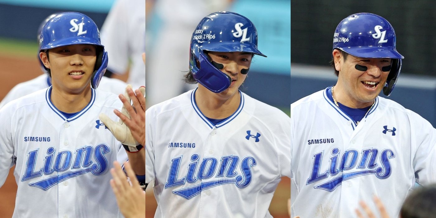 본문 이미지 - 11일 대구 삼성라이온즈파크에서 열린 2024 신한 SOL 뱅크 KBO리그 삼성 라이온즈와 NC 다이노스의 경기, 3회말 NC 선발투수 신민혁을 상대로 연속 홈런을 친 이재현, 구자욱, 강민호가 덕아웃에 들어와 동료들과 기쁨을 나누고 있다. (삼성라이온즈 제공) 2024.7.11/뉴스1