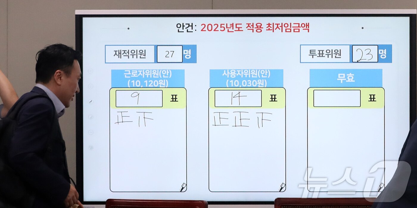 본문 이미지 - 12일 세종시 정부세종청사 최저임금위원회에서 열린 제11차 전원회의에서 2025년도 적용 최저임금액이 10,030원으로 결정되며 위원들이 퇴장하고 있다..2024.7.12/뉴스1 ⓒ News1 김기남 기자