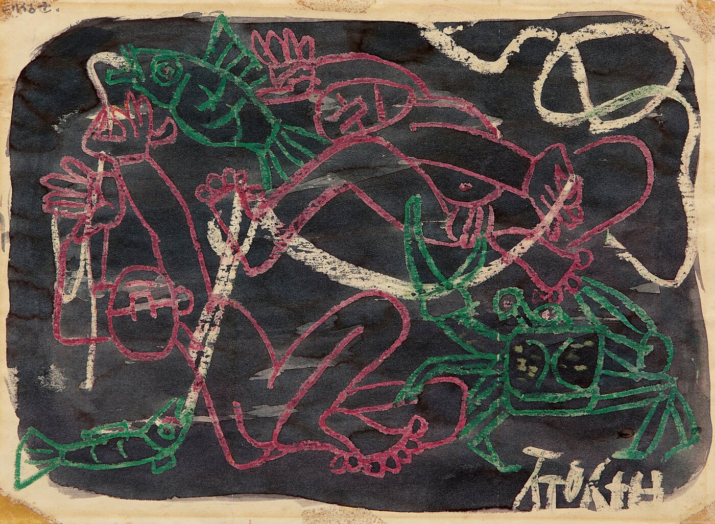 본문 이미지 - 이중섭 Lee JoongSeop 1916 – 1956 물고기와 게와 아이들 watercolor and crayon on paper, 19.3&times;26.4cm | 1954. 케이옥션 제공.