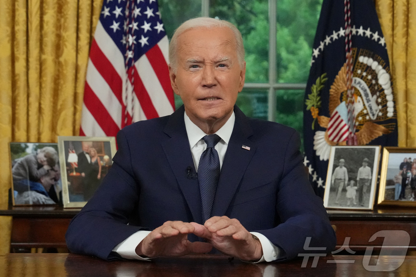 (워싱턴 로이터=뉴스1) 김예슬 기자 = 조 바이든 미국 대통령이 14일(현지시간) 미국 워싱턴 D.C 백악관 오벌 오피스에서 연설하고 있다. 24.07.14ⓒ 로이터=뉴스1