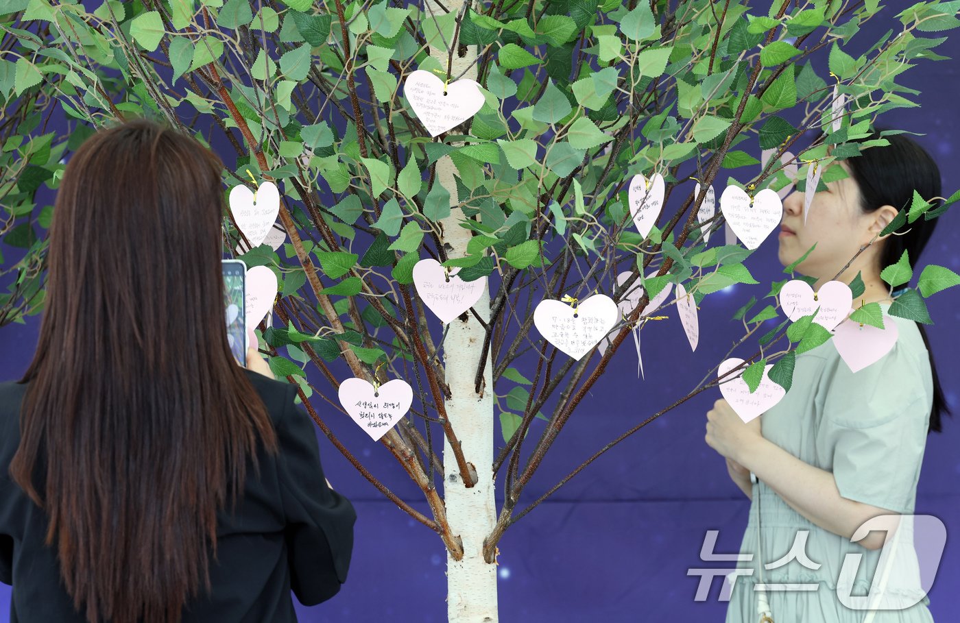 본문 이미지 - 서이초 교사 순직 1주기(18일)를 앞둔 15일 서울 종로구 서울시교육청에 마련된 서이초 교사 1주기 추모 공간에서 교육청 관계자들이 추모글을 확인하고 있다.  2024.7.15/뉴스1 ⓒ News1 박정호 기자