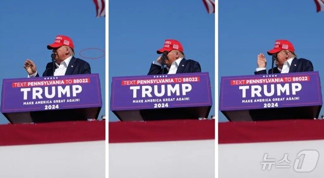 본문 이미지 - 피격 장면을 담은 연속 사진, 총알이 트럼프의 귀를 관통하자 트럼프가 귀를 만지며 깜짝 놀라고 있다. - NYT 갈무리