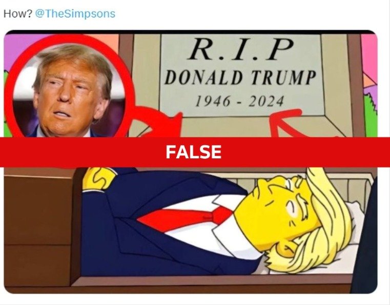 본문 이미지 - 미국 폭스TV 애니메이션 '심슨 가족'에 방영된 것처럼 조작된 사진으로 관속에 누인 트럼프 전 대통령 위로 '편히 쉬소서(R..I..P) 도널드 트럼프, 1946-2024'라고 적힌 묘비가 적혀 있다(소셜미디어 X 갈무리). 2024.07.15.