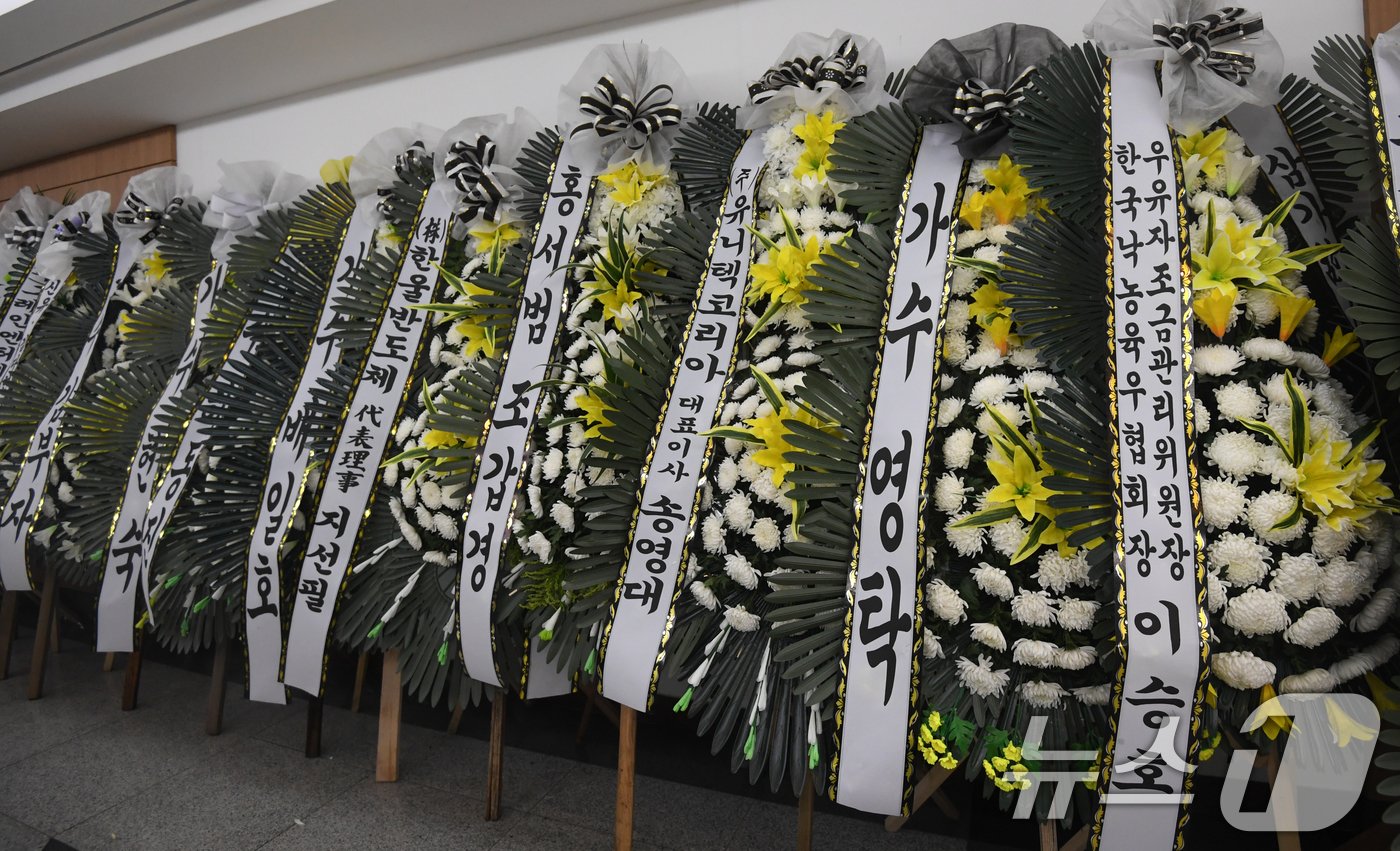 본문 이미지 - 16일 서울아산병원 장례식장 1호실 마련된 가수 고(故) 현철(본명 강상수)의 빈소에 동료 등이 보낸 근조 화환이 놓여 있다. 발인은 오는 19일 오전 8시 20분이며, 장지는 분당추모공원 휴다. 2024.7.16/뉴스1 ⓒ News1 사진공동취재단