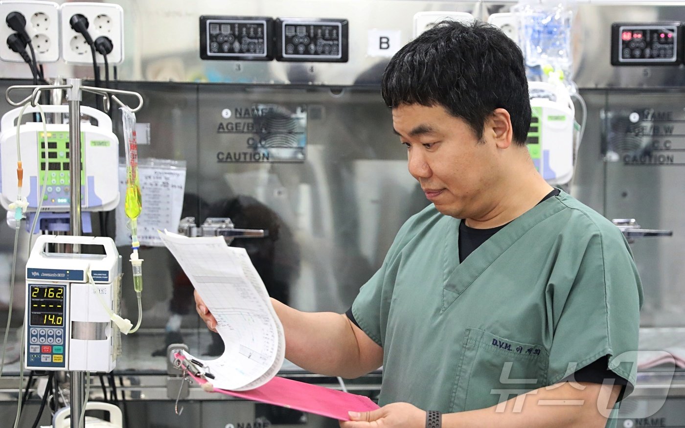 본문 이미지 - 16일 오후 서울 중랑구에 위치한 로얄동물메디컬센터에서 이재희 원장이 반려동물의 상태가 기록된 차트를 보고 있다. 해당 병원은 1000가지가 넘는 미국동물병원협회(AAHA) 기준을 통과했다. 2024.07.16./뉴스1 ⓒ News1 이강 기자