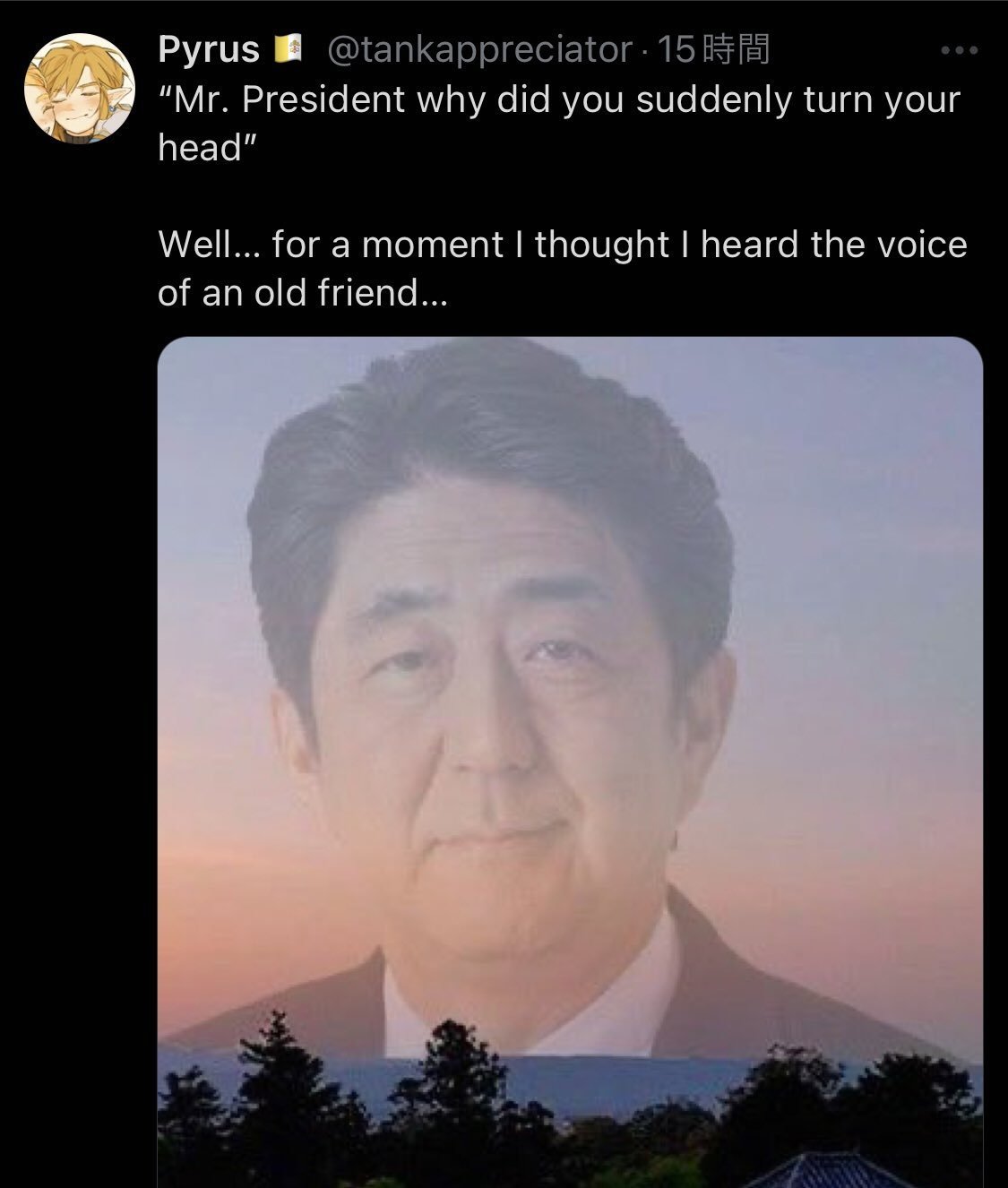 본문 이미지 - 도널드 트럼프 전 대통령이 '사망한 아베 신조 전 일본 총리의 도움을 받아 살았다'는 농담이 SNS에 확산했다. (파이러스 X 갈무리)