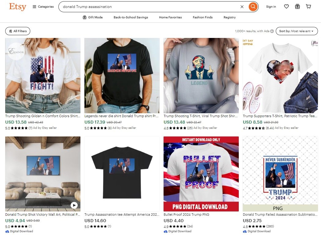 본문 이미지 - 미국 수공예품 판매 사이트 '엣시'에서 판매되고 있는 트럼프 피격 관련 굿즈 <출처=엣시 홈페이지 캡처>
