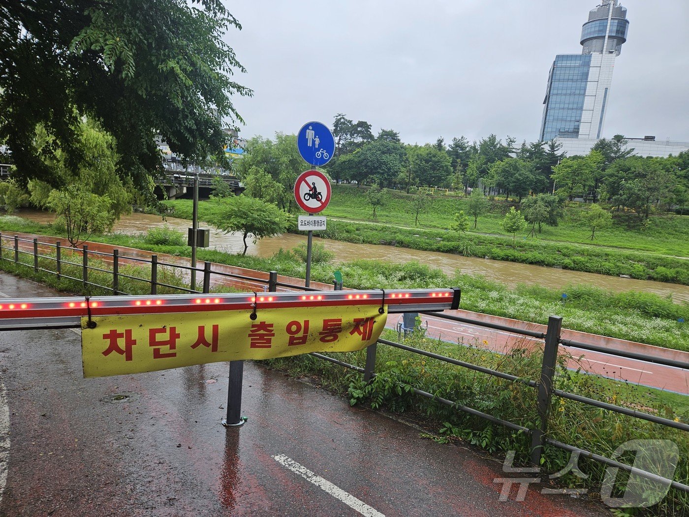 본문 이미지 - 호우특보가 발효된 17일 강원 춘천 퇴계동 도심 공지천 일대 산책로가 통제돼 있다.2024.7.17/뉴스1 ⓒ News1 한귀섭 기자