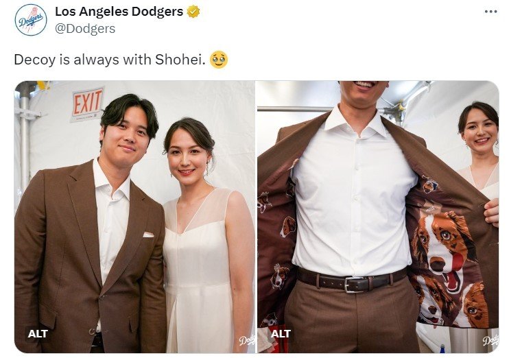 본문 이미지 - 반려견을 옷에 담은 독특한 오타니의 재킷 (LA 다저스 SNS)