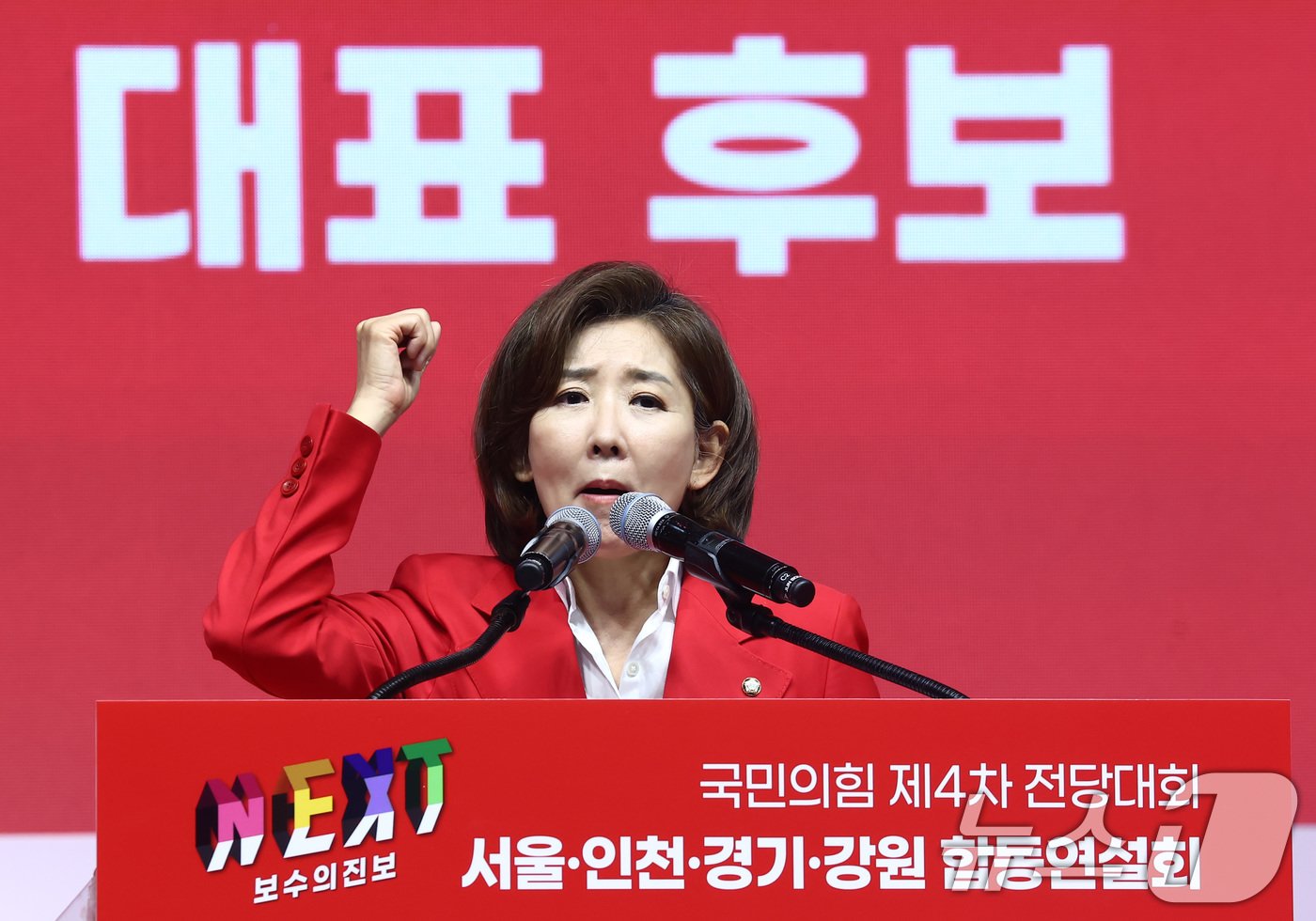 본문 이미지 - 나경원 국민의힘 당대표 후보가 17일 경기 고양 소노아레나에서 열린 국민의힘 제4차 전당대회 서울·인천·경기·강원 합동연설회에서 정견발표를 하고 있다. 2024.7.17/뉴스1 ⓒ News1 김민지 기자