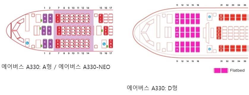 A형과 D형의 좌석 배열 차이&#40;에어아시아 홈페이지 캡처&#41;