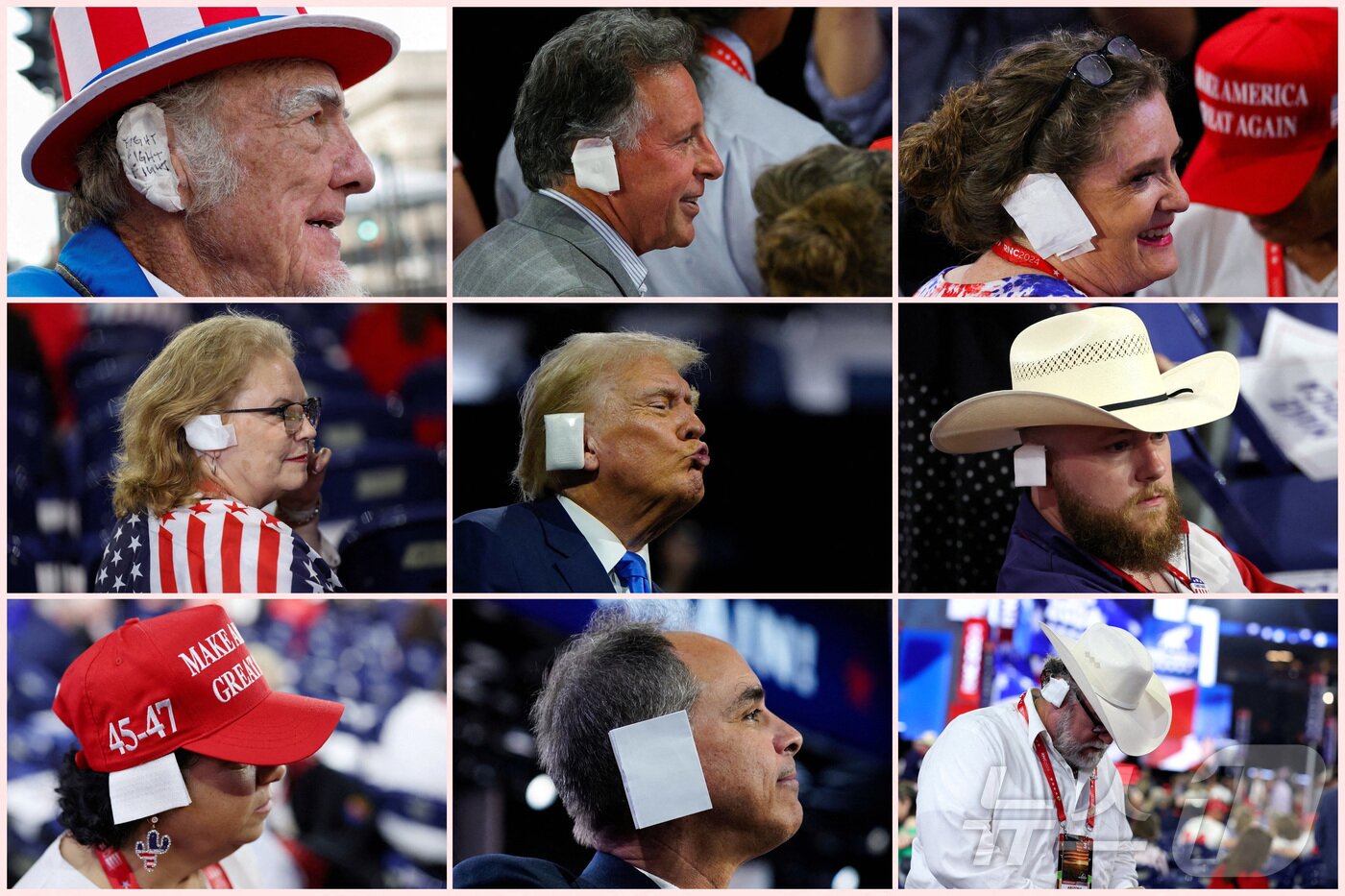 본문 이미지 - 미국 공화당 전당대회가 열린 16일과 17일(현지시간) 위스콘신주 밀워키 행사장에서 도널드 트럼프(가운데) 공화당 대선 후보와 참석자들이 오른쪽 귀에 붕대를 감고 있다. 2024.07.17. ⓒ 로이터=뉴스1 ⓒ News1 장시온 기자