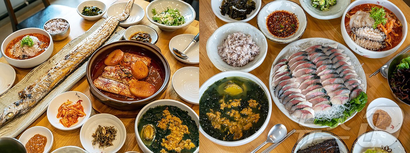 본문 이미지 - 해왓의 통갈치구이와 갈치조림, 성게미역국, 고등어회, 모듬물회.(해왓 제공)
