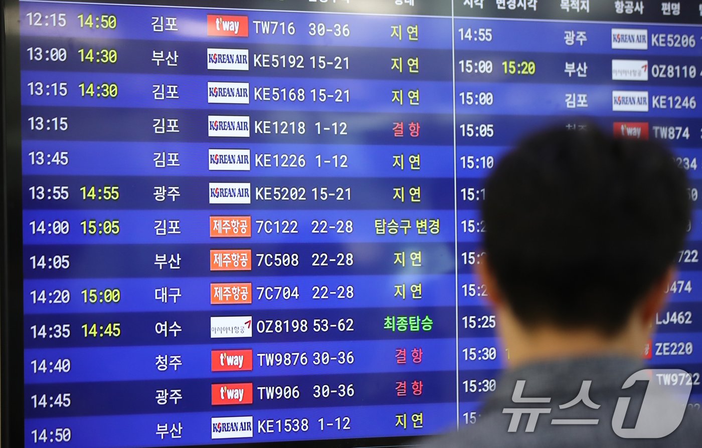 본문 이미지 - 제주 전역에 내려진 강풍특보로 항공기 결항과 지연이 속출하고 있는 2일 오후 제주국제공항 국내선 출발층에 있는 운항 현황판에 결항·지연 안내가 표시되고 있다. 2024.7.2/뉴스1