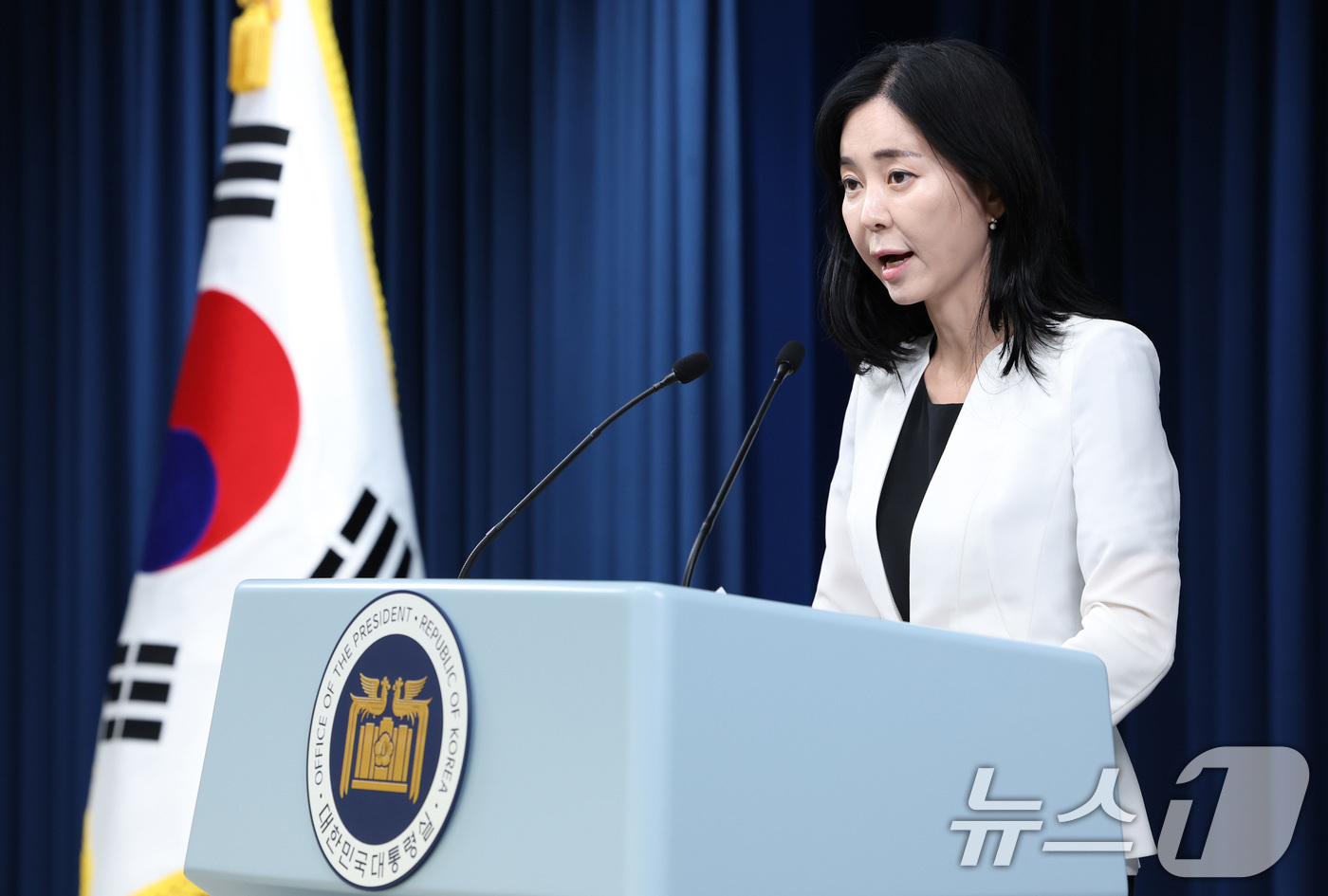 (서울=뉴스1) 박지혜 기자 = 정혜전 대통령실 대변인이 21일 오후 서울 용산 대통령실 청사 브리핑룸에서 현안 관련 브리핑을 하고 있다. 2024.7.21/뉴스1