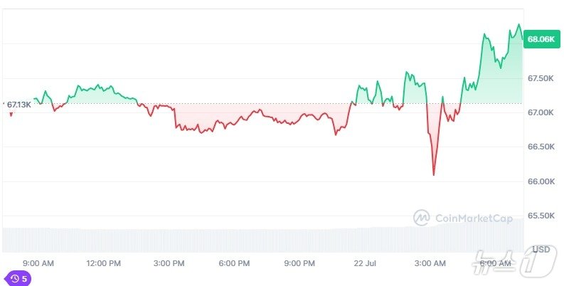 본문 이미지 - 비트코인 일일 가격 추이. 새벽 3시를 전후로 급락했다 다시 상승하고 있다.  - 코인마켓캡 갈무리