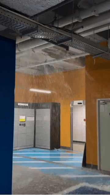 본문 이미지 - 경기 화성시 신동 동탄2 신동포레 '경기행복주택' 지하주차장에서 누수가 발생, 물이 폭포수처럼 터져나오고 있다. (주민 제공) 2024.7.22/뉴스1