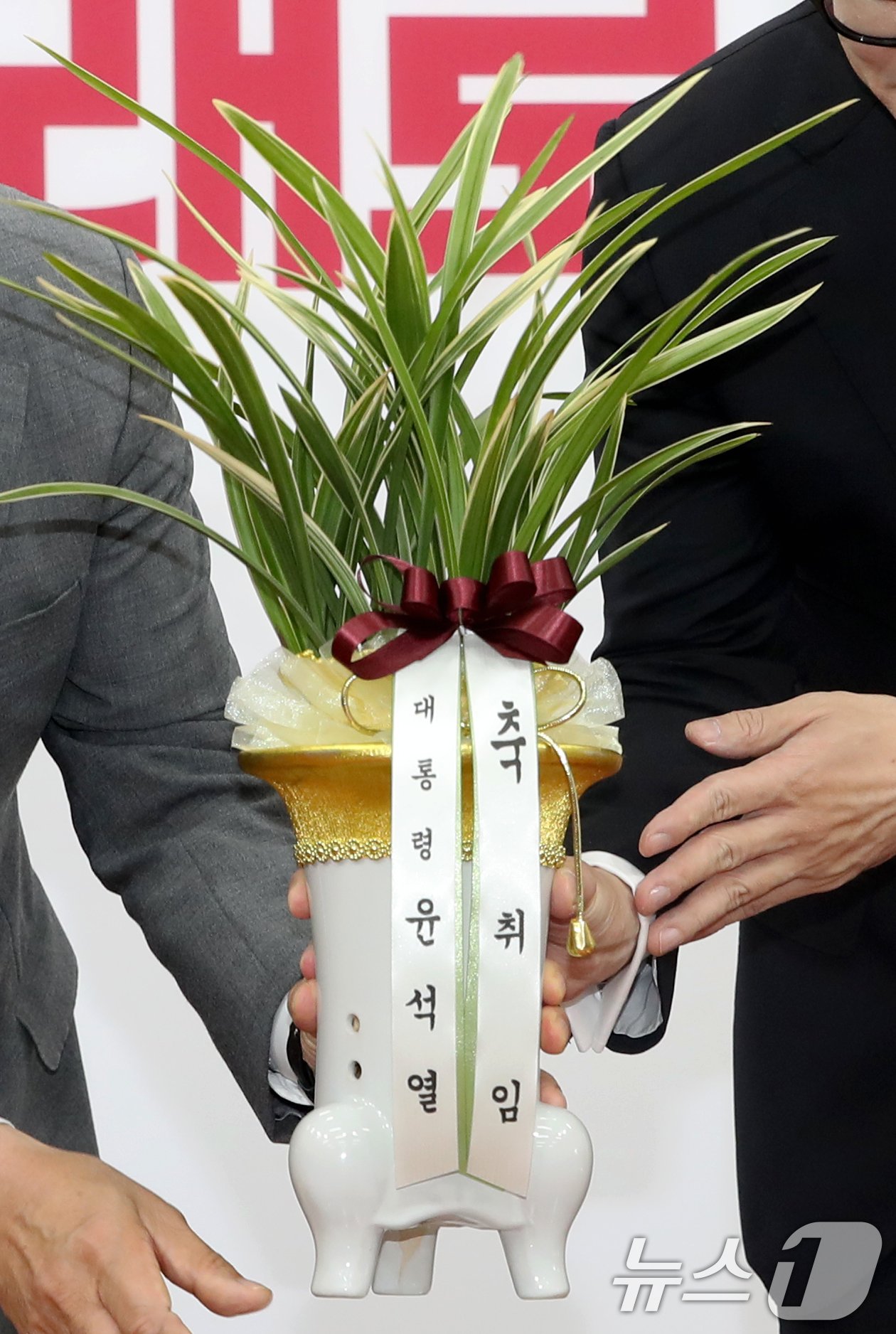 본문 이미지 - 한동훈 국민의힘 대표가 24일 오후 서울 여의도 국회를 찾은 홍철호 정무수석으로부터 윤석열 대통령의 축하난을 전달받고 있다. 2024.7.24/뉴스1 ⓒ News1 이광호 기자