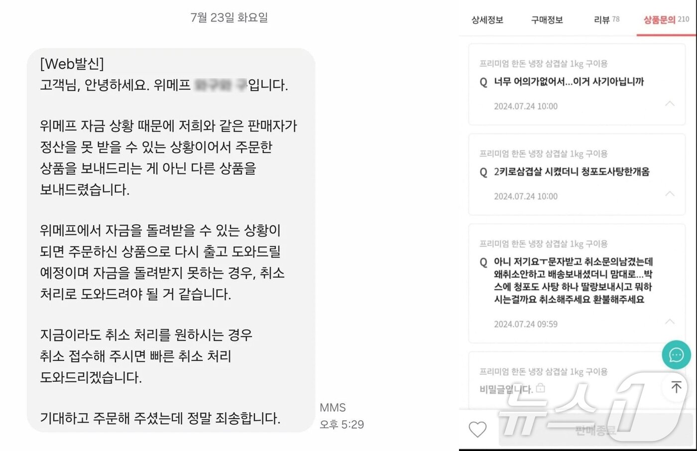 본문 이미지 - 위메프에서 삼겹살을 구매했는데 청포도 사탕 한알을 대신 배송받았다는 소비자가 올린 글(온라인 커뮤니티 갈무리)