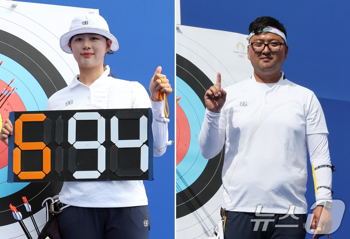 2024 파리올림픽 대한민국 양궁대표팀 임시현&#40;왼쪽&#41;과 김우진이 25일&#40;한국시간&#41; 프랑스 파리 레쟁발리드에서 열린 여자·남자 개인 랭킹 라운드에서 1위를 차지한 후 기념촬영을 하고 있다. 2024.7.25/뉴스1 ⓒ News1 이동해 기자