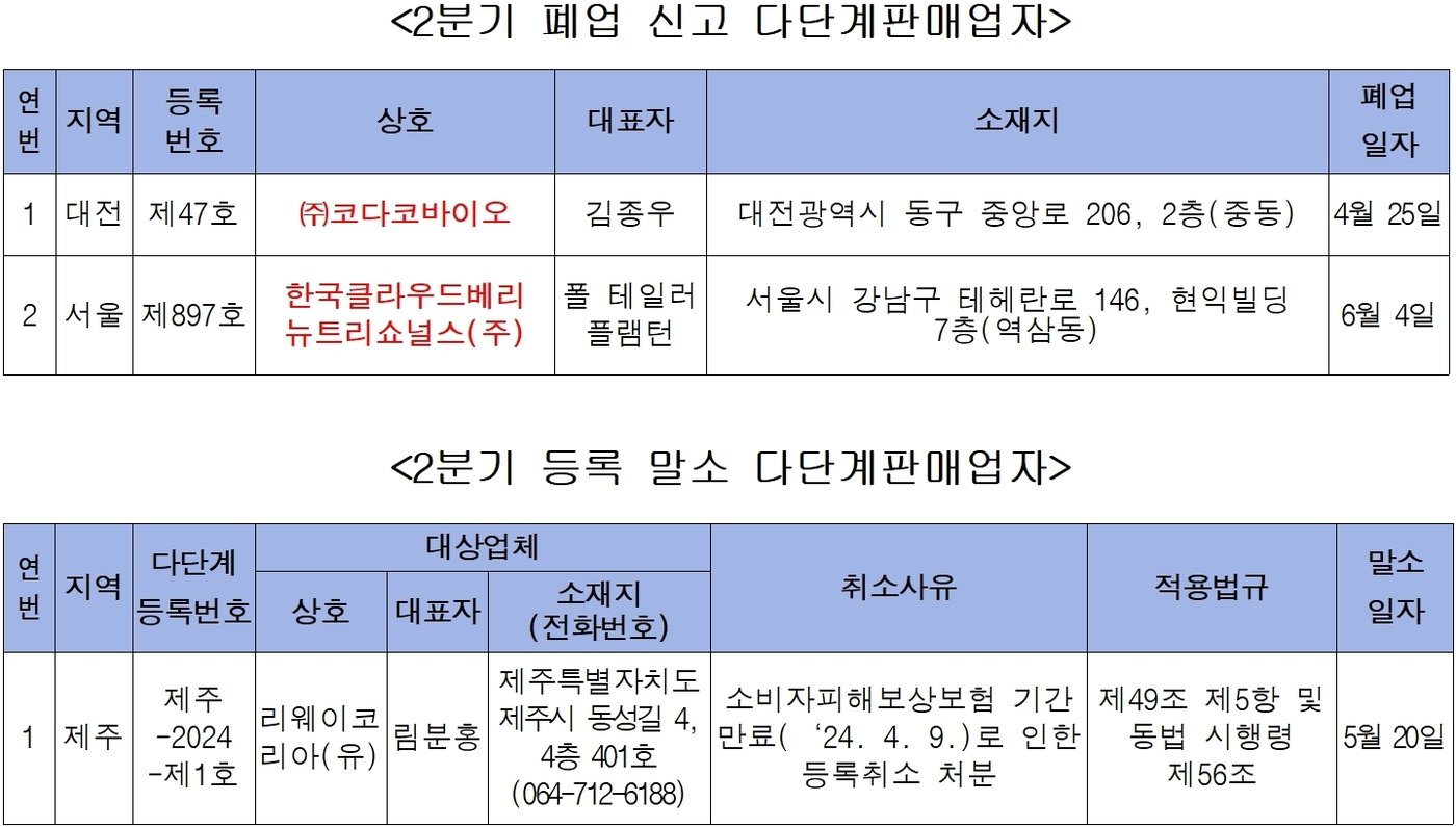 본문 이미지 - 2024년 2분기 폐업·등록말소 다단계판매업자(공정거래위원회 제공). 2024.7.26/뉴스ㄱㅖ