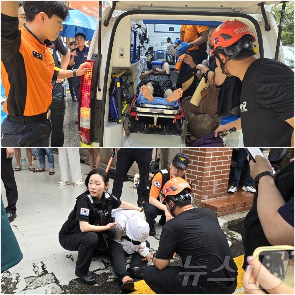 본문 이미지 - 26일 티몬 서울 신사옥에서 발생한 부상자들. 2024.7.26/뉴스1 ⓒ News1 서미선 기자