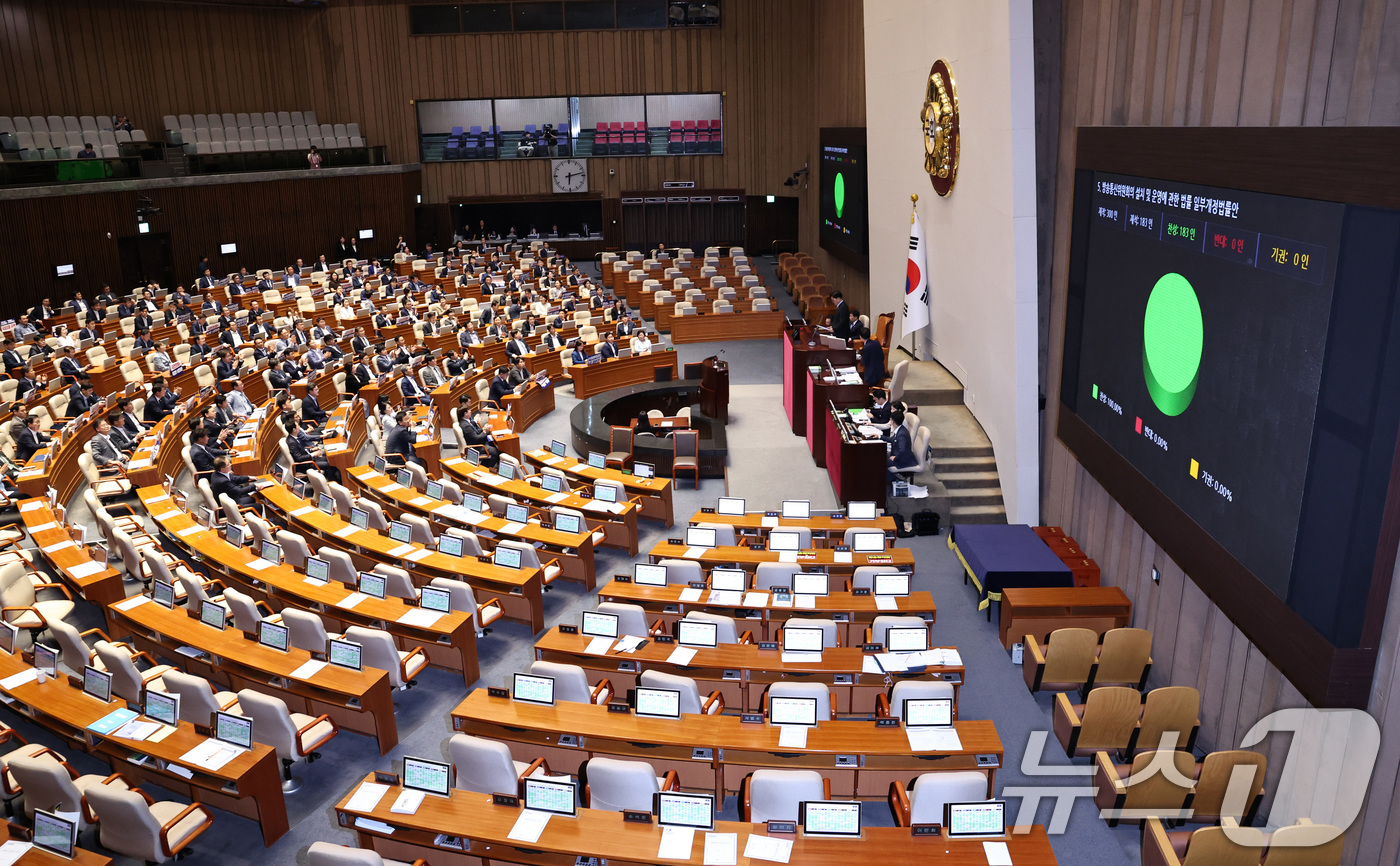 (서울=뉴스1) 구윤성 기자 = 26일 오후 서울 여의도 국회에서 열린 본회의에서 방송통신위원회의 설치 및 운영에 관한 법률 일부개정법률안이 가결되고 있다. 2024.7.26/뉴스 …