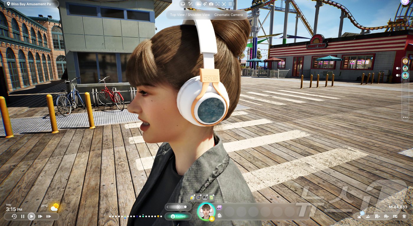 본문 이미지 - 크래프톤의 신작 게임 &#39;인조이&#40;inJOI&#41;&#39;의 캐릭터가 삼성디스플레이의 콘셉트 제품인 &#39;OLED 헤드폰&#39;을 착용하고 있다.&#40;삼성디스플레이 제공&#41;