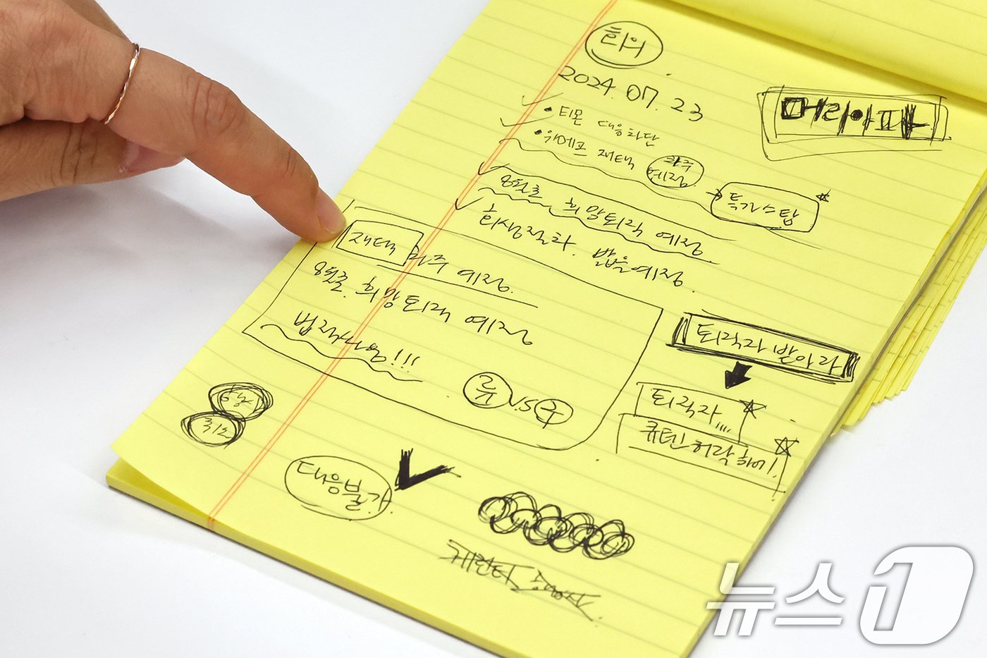 본문 이미지 - 티몬과 위메프의 '판매 대금 미정산 사태'로 소비자들의 불안이 계속되고 있는 29일 오전 서울 강남구 위메프 본사 사무실에 미정산 사태를 예고하는 내용이 적힌 직원들의 노트가 펼쳐져 있다. 2024.7.29/뉴스1 ⓒ News1 민경석 기자