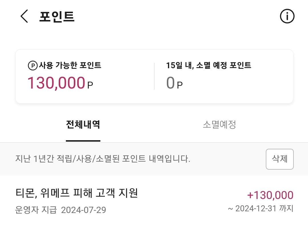 본문 이미지 - 야놀자가 티메프 사태로 피해 고객들에게 피해 금액만큼 지급한 보상 포인트.(온라인 커뮤니티 갈무리)