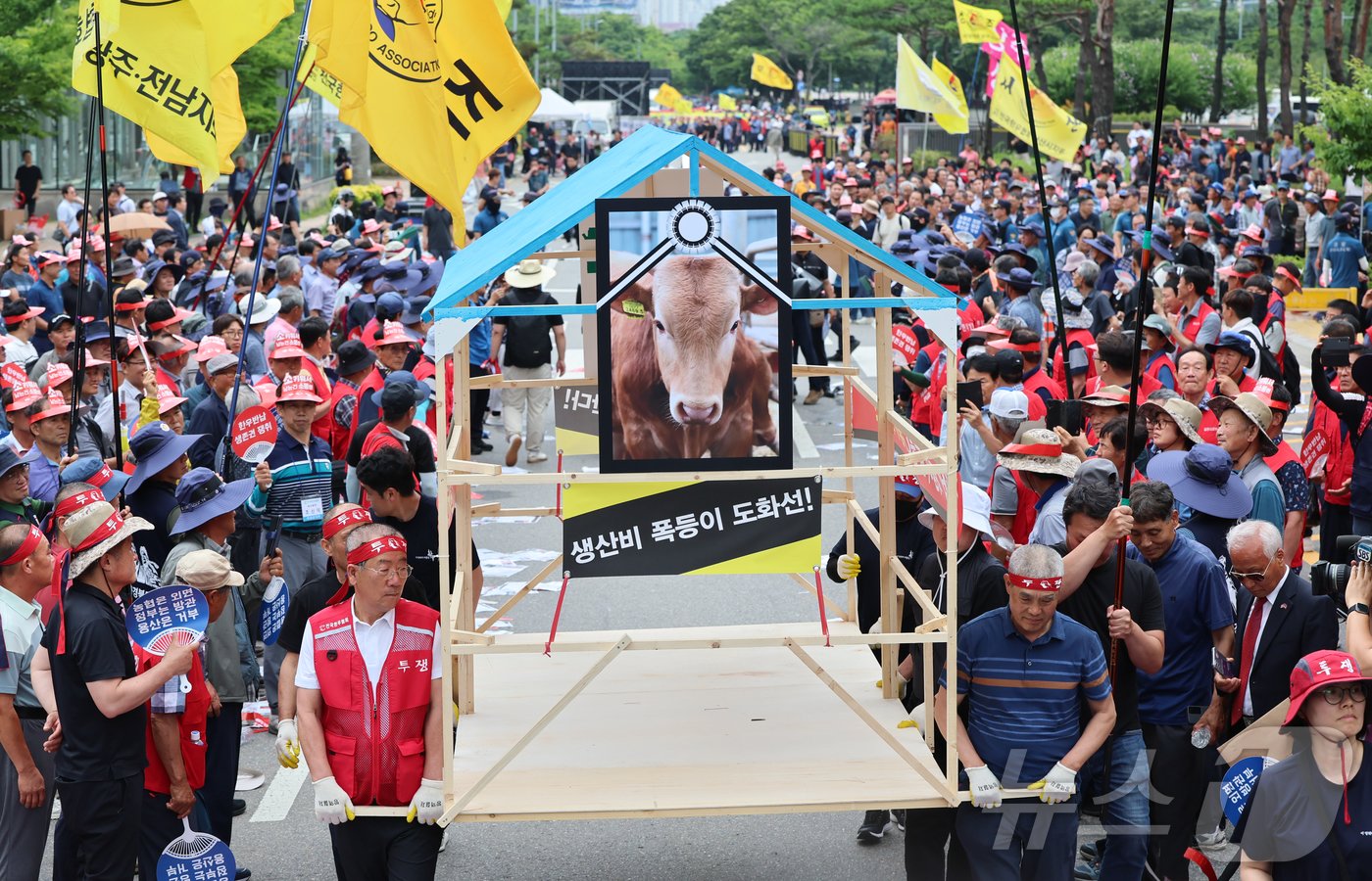 전국한우협회 회원들이 3일 서울 영등포구 국회 앞 의사당대로에서 열린 한우산업 안정화 촉구 집회에서 퍼포먼스를 하고 있다. 2024.7.3/뉴스1 ⓒ News1 김도우 기자