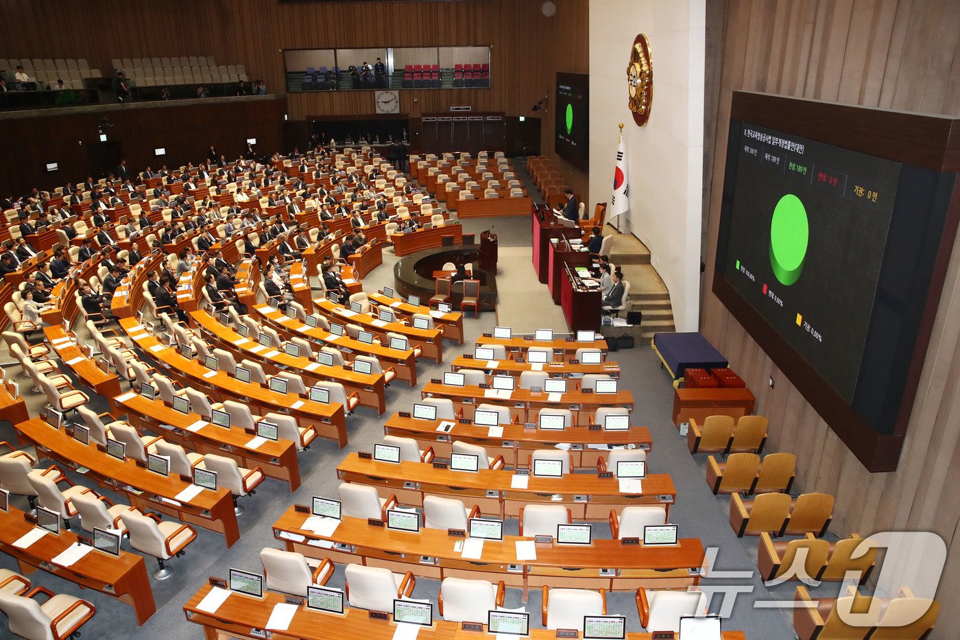 30일 오전 서울 여의도 국회에서 열린 본회의에서 &#39;방송 4법&#39; 가운데 네 번째 법안인 한국교육방송공사법 일부개정법률안&#40;대안&#41;이 재적 300인 중 재석 189인, 찬성 189인으로 결되고 있다. 2024.7.30/뉴스1 ⓒ News1 이광호 기자