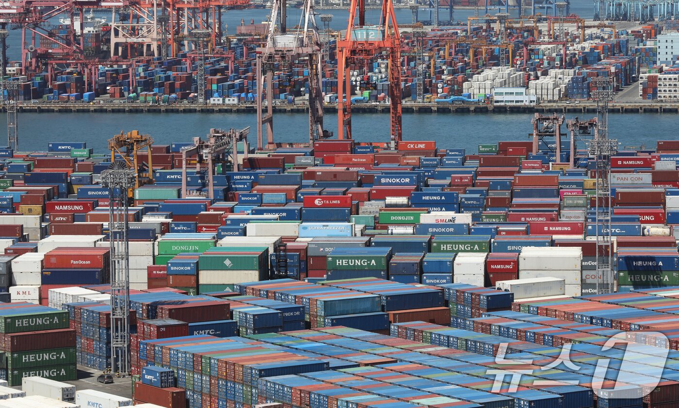 본문 이미지 - 부산항 신선대부두와 감만부두 야적장에 컨테이너가 가득 쌓여 있다. 2024.7.30/뉴스1 ⓒ News1 윤일지 기자