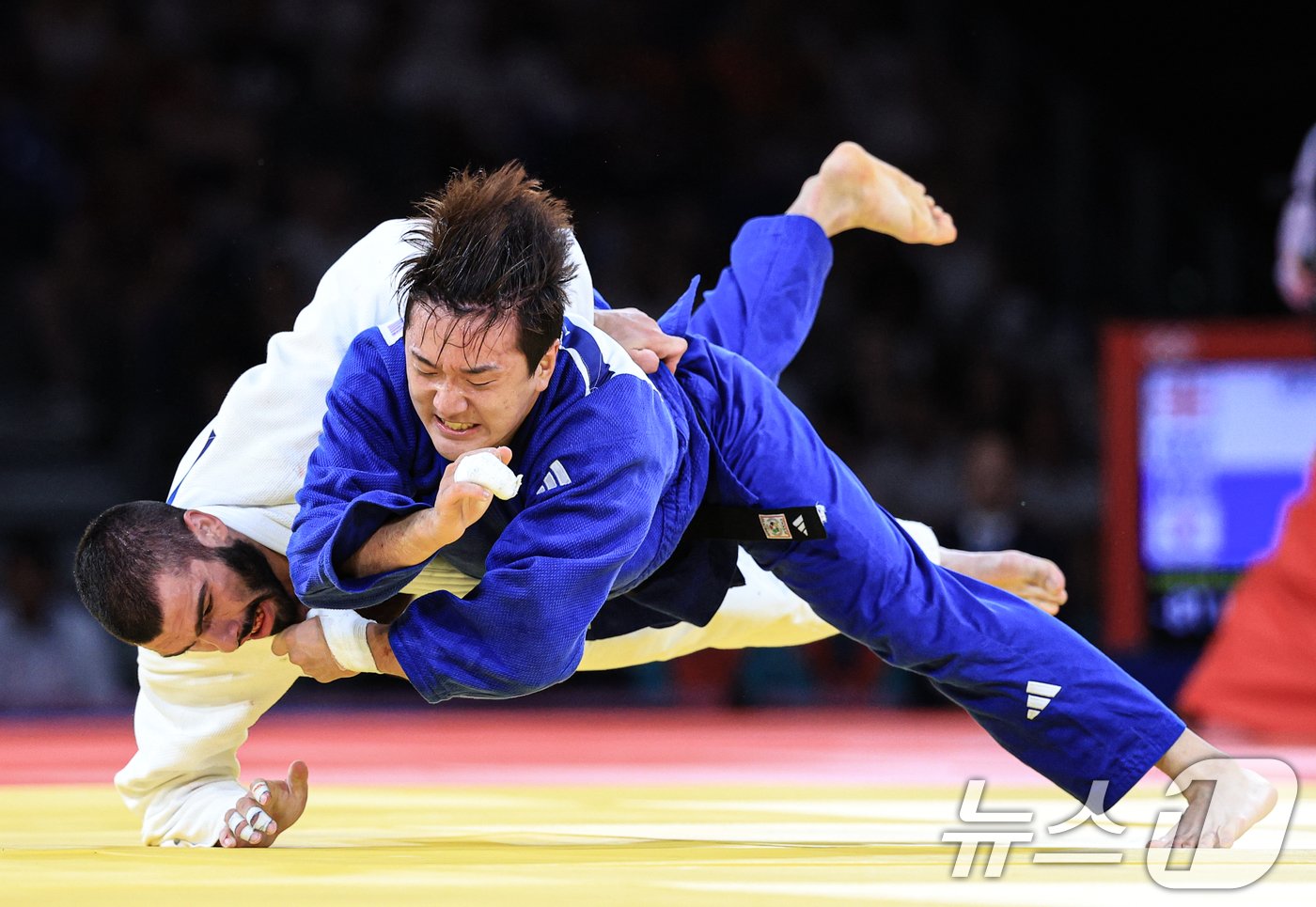본문 이미지 - 대한민국 유도대표팀 이준환 선수가 30일 오후 (한국시간) 프랑스 파리 샹 드 마르스 아레나에서 열린 2024 파리올림픽 유도 남자 -81kg 토너먼트 4강 경기에서 조지아의 타토 그리갈라쉬빌리 선수와 자웅을 겨루고 있다. 2024.7.30/뉴스1 ⓒ News1 박정호 기자