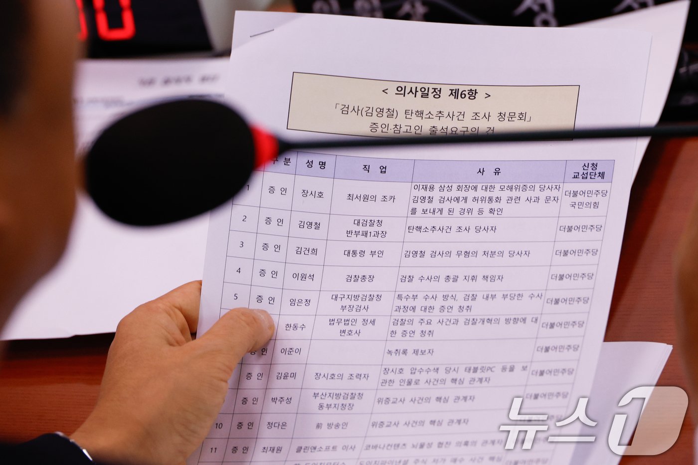 본문 이미지 - 정청래 국회 법제사법위원장이 31일 오후 서울 여의도 국회에서 열린 법사위 전체회의에서 김영철 서울북부지검 차장검사 탄핵 소추 조사 관련 청문회 증인 명단을 들고 있다.  2024.7.31/뉴스1 ⓒ News1 안은나 기자