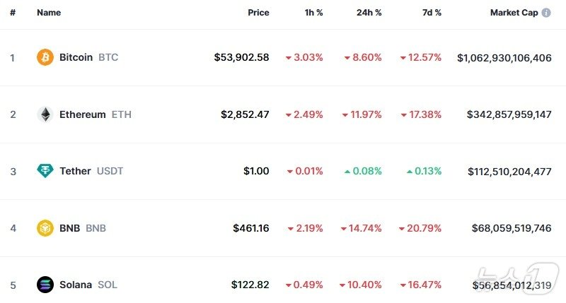 본문 이미지 - 이 시각 현재 주요 암호화폐 시황 - 코인마켓캡 갈무리
