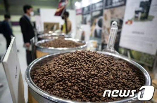 본문 이미지 - '2022 서울커피엑스포'에서 관람객들이 커피 원두를 살펴보고 있다. 2022.3.30/뉴스1 ⓒ News1 유승관 기자