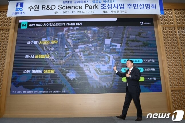 본문 이미지 - 이재준 경기 수원시장이 지난해 12월 29일 시청 별관 1층 중회의실에서 &#39;수원 R&D 사이언스파크 조성 사업 주민설명회&#39;를 열고, 사업 추진 상황을 설명하고 있다.&#40;수원시 제공&#41;
