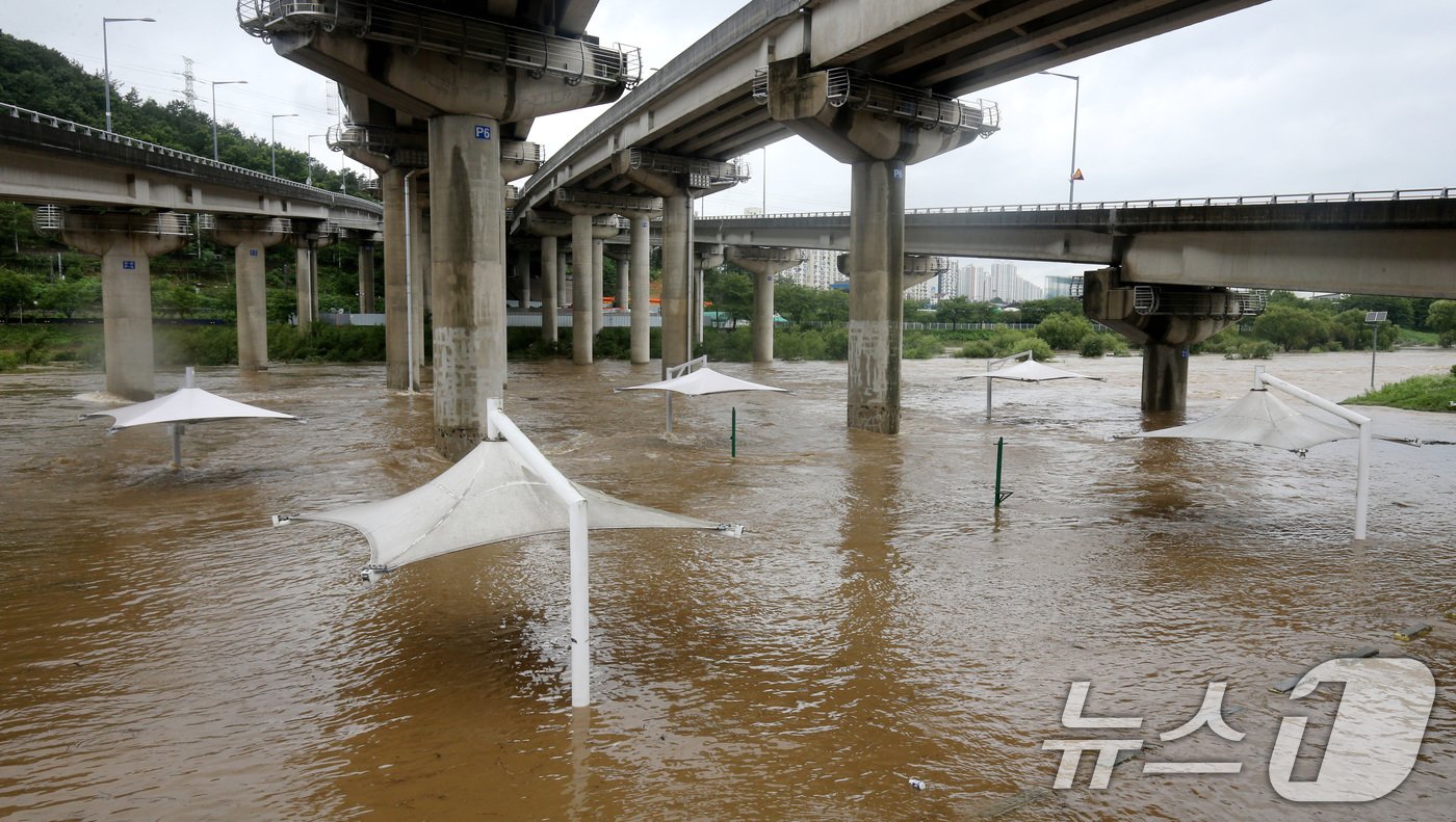 본문 이미지 - 대전을 비롯해 충남지역에 많은 비가 내린 8일 대전 서구 정림동 갑천변이 침수돼 있다. 2024.7.8/뉴스1 ⓒ News1 김기태 기자