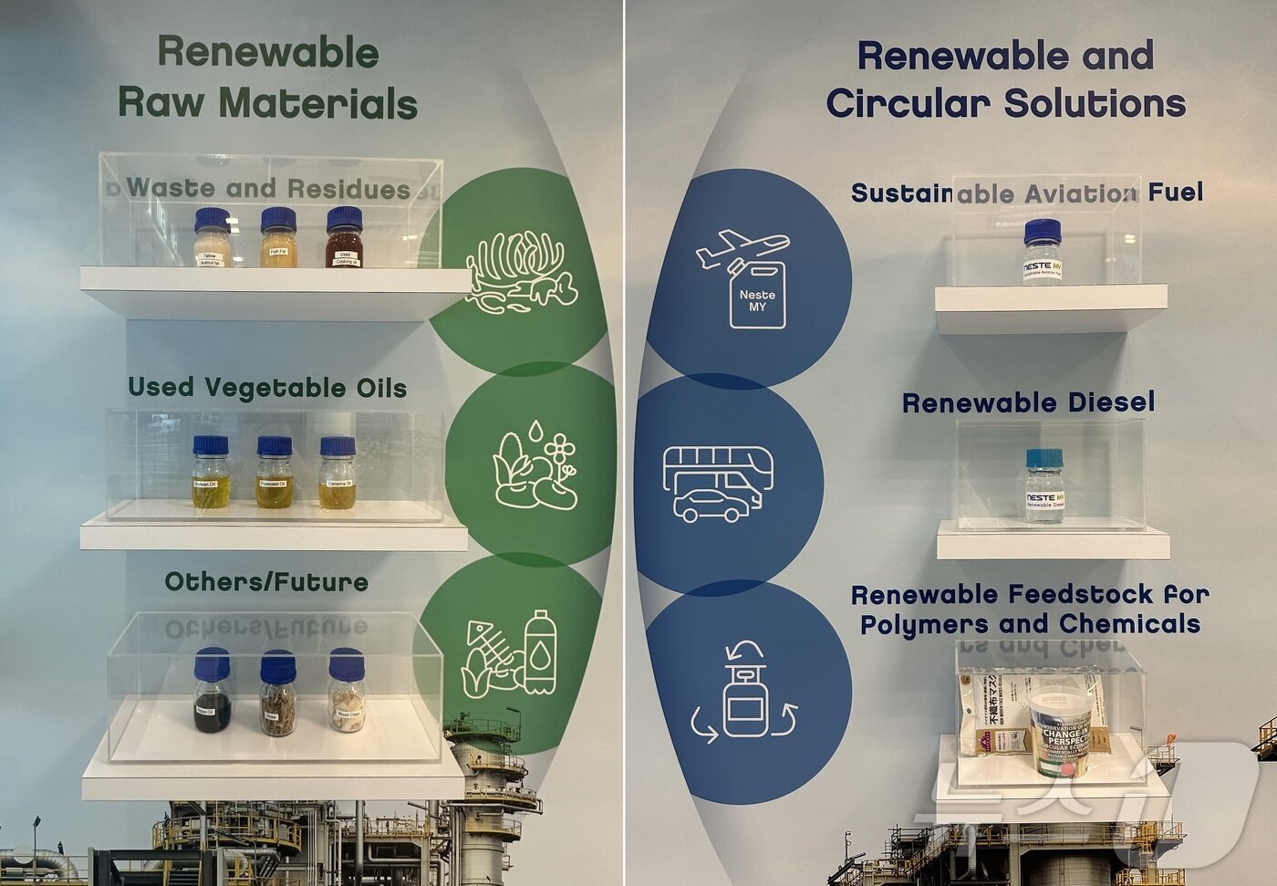 본문 이미지 - 왼쪽은 동식물성 바이오 원료, 오른쪽은 바이오 원료로 생산되는 SAF와 바이오 디젤 2024.06.28/뉴스1 ⓒ News1 금준혁 기자