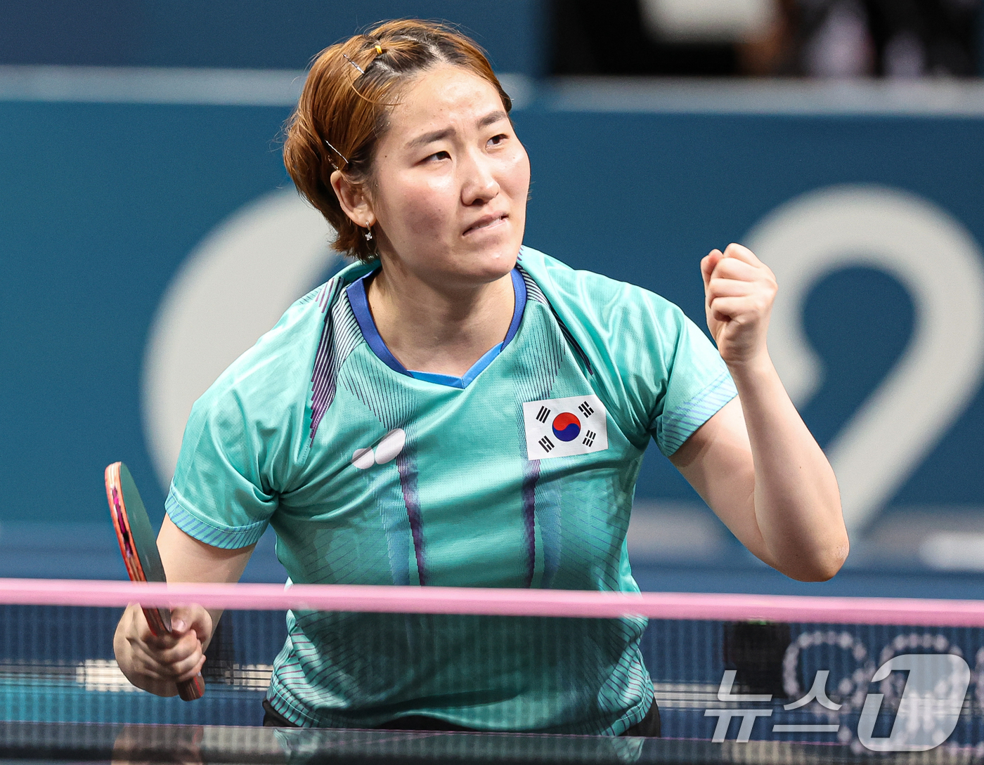 (파리(프랑스)=뉴스1) 이동해 기자 = 대한민국 탁구 대표팀 이은혜가 10일(한국시간) 프랑스 파리 사우스 파리 아레나4에서 열린 '2024 파리올림픽' 탁구 여자 단체 동메달 …