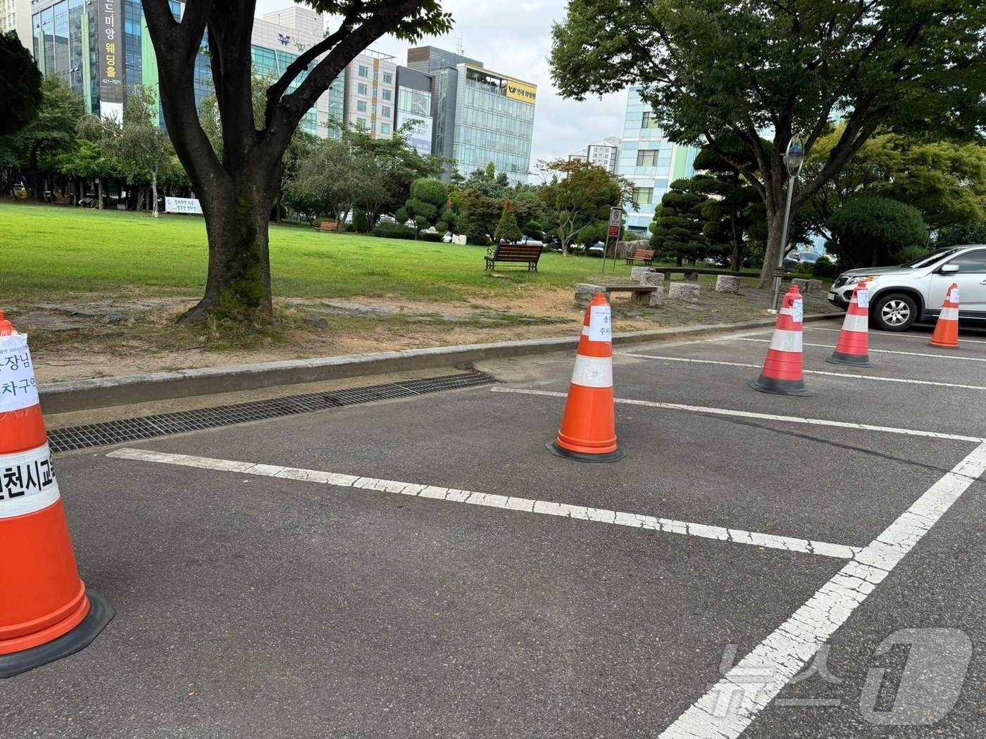 12일 오전 인천시 남동구 인천시교육청 주차구역에 세워져 있는 &#39;총장님 주차구역&#39; 라바콘.2024.8.12 ⓒ News1 박소영 기자