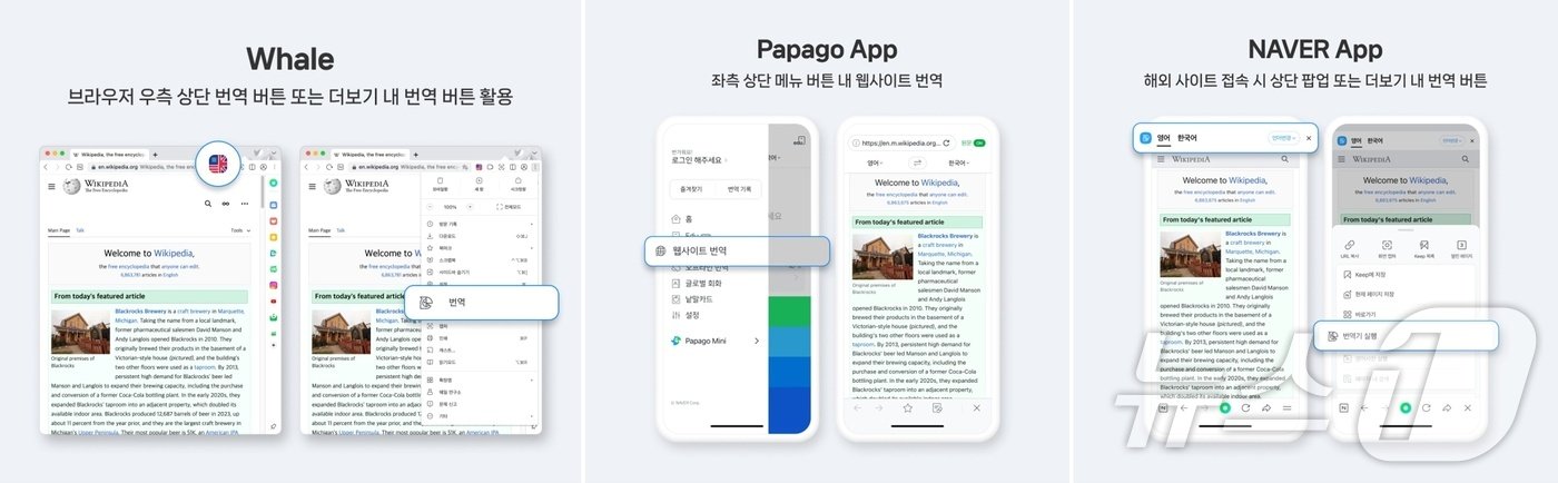 본문 이미지 - 왼쪽부터 웨일브라우저·파파고앱·네이버앱 파파고 번역 서비스(파파고 공식블로그 갈무리)