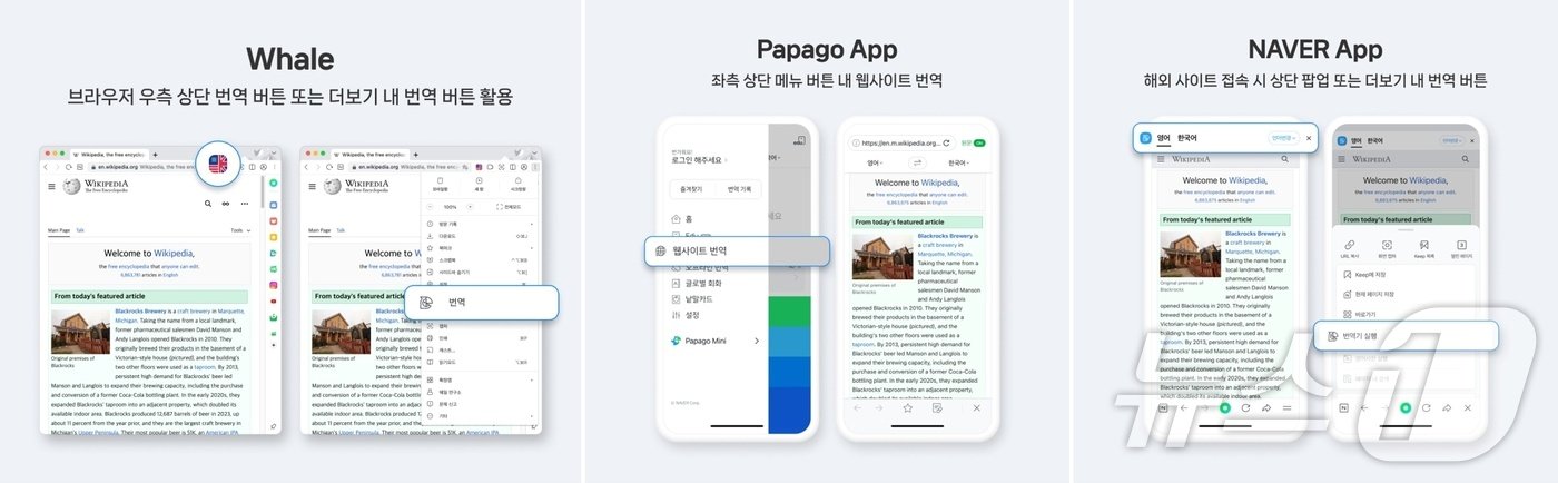왼쪽부터 웨일브라우저·파파고앱·네이버앱 파파고 번역 서비스&#40;파파고 공식블로그 갈무리&#41;